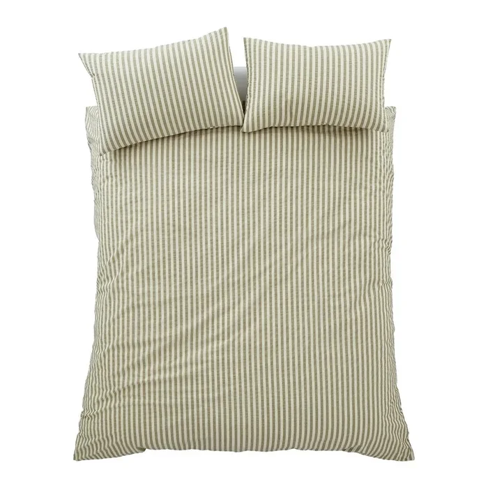 Set copripiumino e federa Cotton Rich Woven Stripe Per letto matrimoniale/per letto esteso, 3 pezzi, con chiusura con bottoni, con fantasia a strisce, verde, 230×220 cm