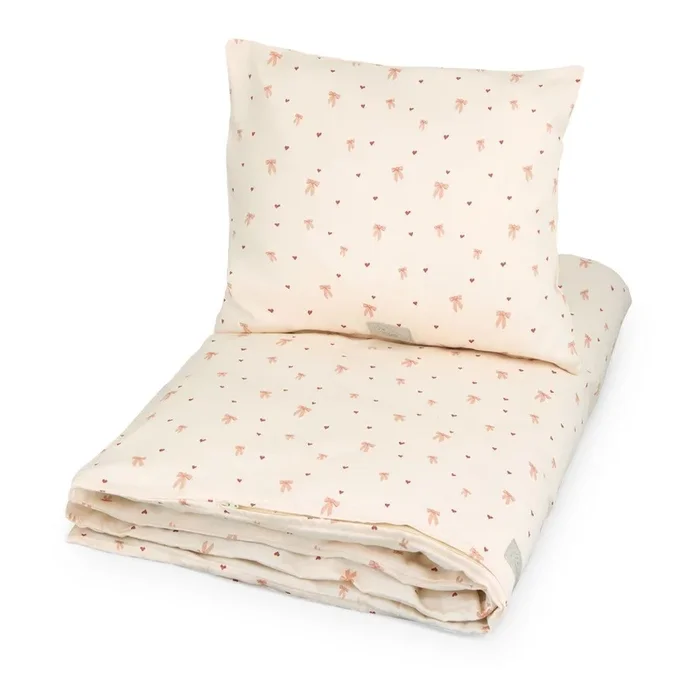 Set copripiumino e federa da bambini Bows Per culla, con chiusura con cerniera, giallo chiaro/rosa, in cotone organico, 100×140 cm