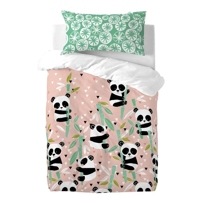 Set copripiumino e federa da bambini Panda Garden Per culla, con chiusura con bottoni, rosa, in cotone, 115×145 cm