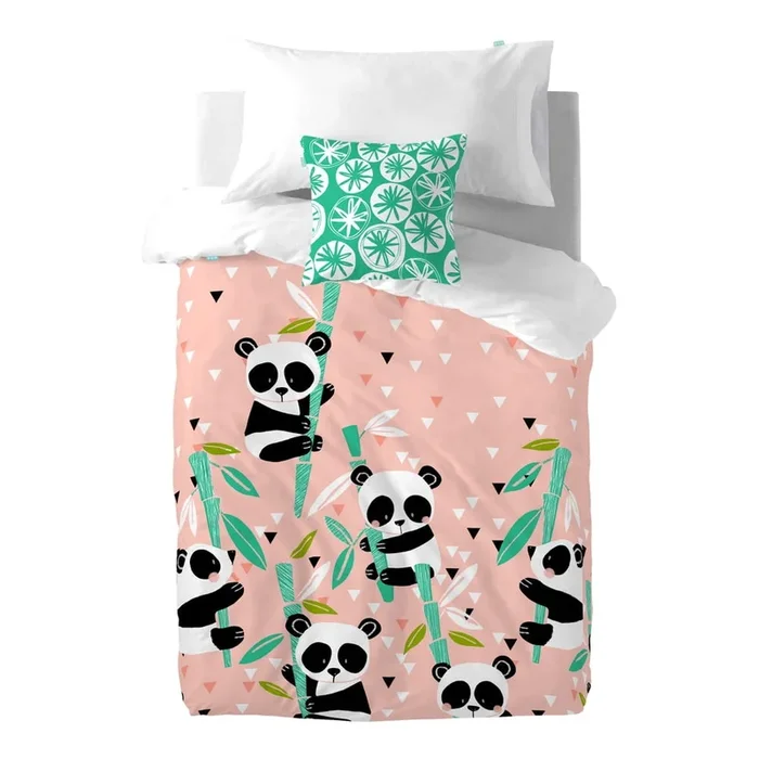 Set copripiumino e federa da bambini Panda Garden Per letto singolo, con chiusura con bottoni, rosa, in cotone, 140×200 cm