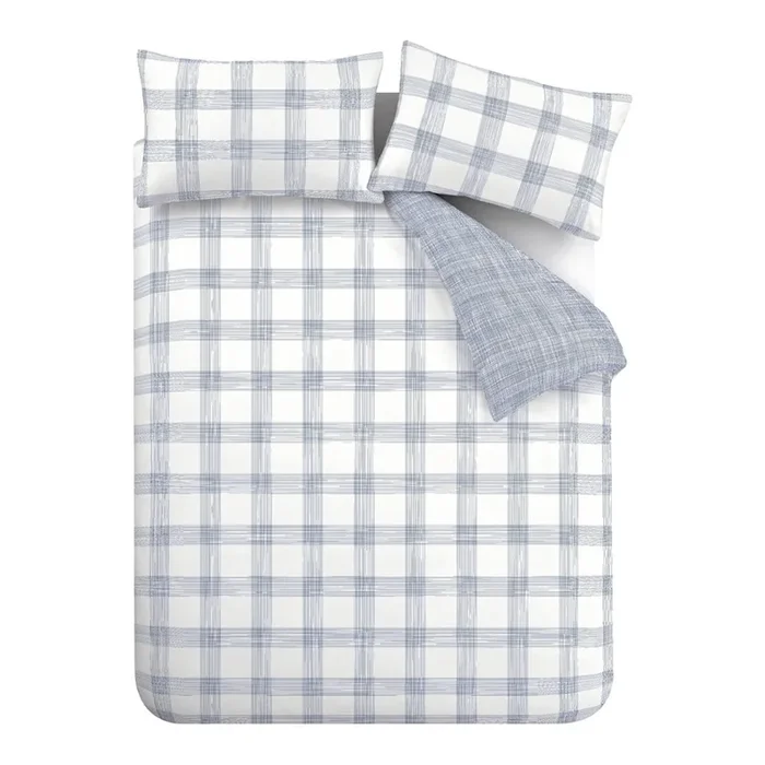 Set copripiumino e federa Marlow Check Per letto matrimoniale, con chiusura con bottoni, reversibile, in cotone, con fantasia a cubi, bianco/blu, 200×200 cm