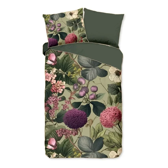 Set copripiumino e federa Onaz Per letto singolo/per letto esteso, con chiusura libera, di lusso, in raso di cotone, a fiori, color kaki, 140×220 cm