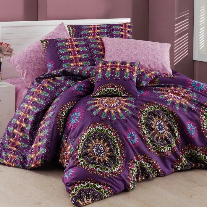 Set copripiumino e federa Per letto matrimoniale/per letto esteso, con lenzuolo incluso, con chiusura con bottoni, con mandala, viola, 200×220 cm