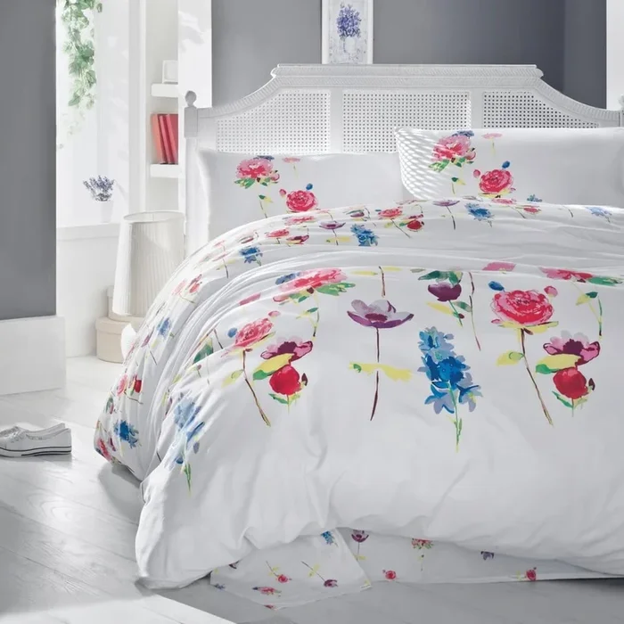 Set copripiumino e federa Per letto matrimoniale/per letto esteso, con lenzuolo incluso, con chiusura con bottoni, di lusso, in cotone renforcé, a fiori, bianco, 200×220 cm