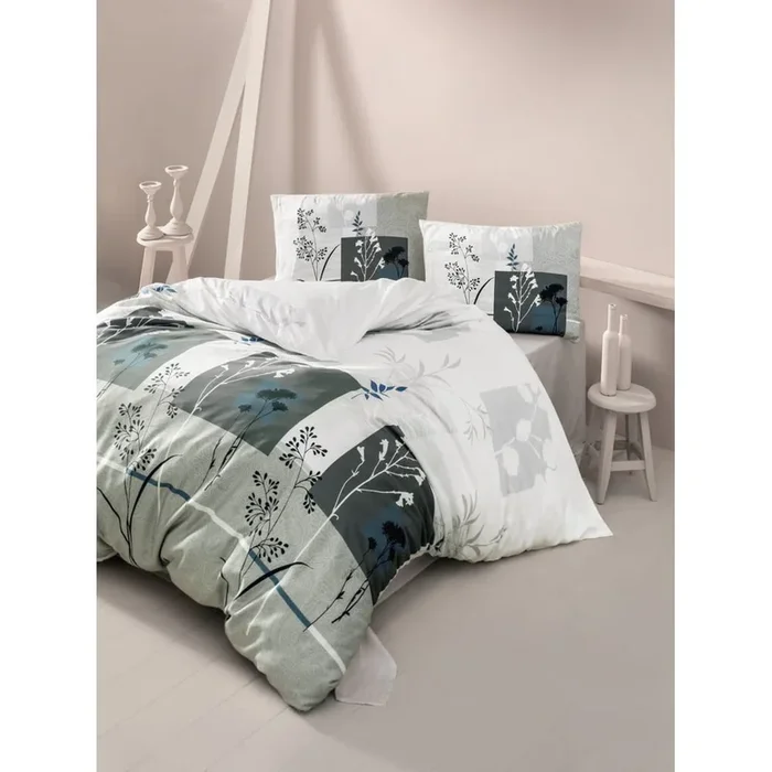 Set copripiumino e federa Per letto matrimoniale/per letto esteso, con lenzuolo incluso, con chiusura con bottoni, in cotone, a fiori, bianco/grigio, 200×220 cm