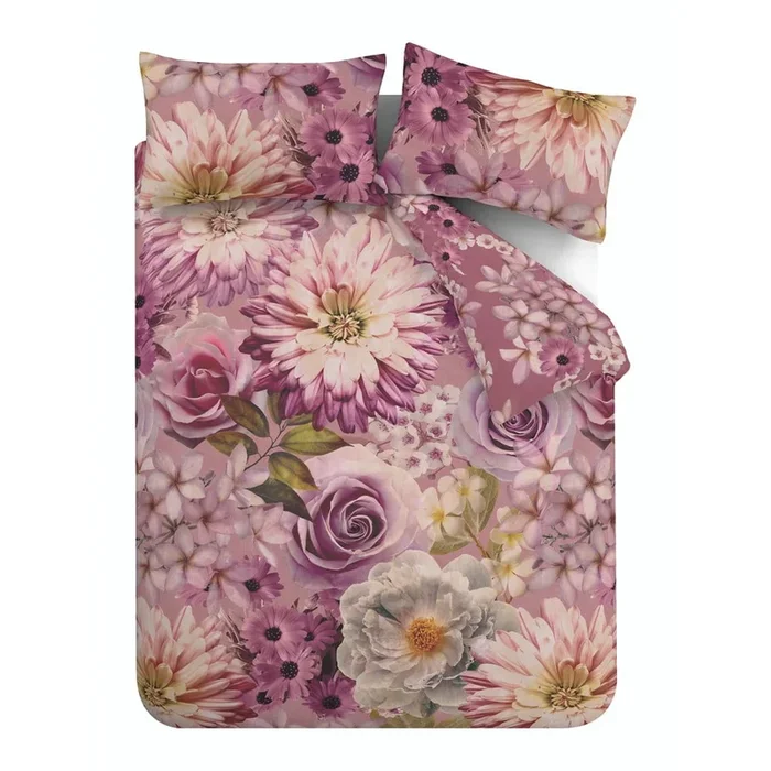 Set copripiumino e federa Rosemoor Floral Per letto matrimoniale, con chiusura con bottoni, reversibile, a fiori, rosa, 200×200 cm
