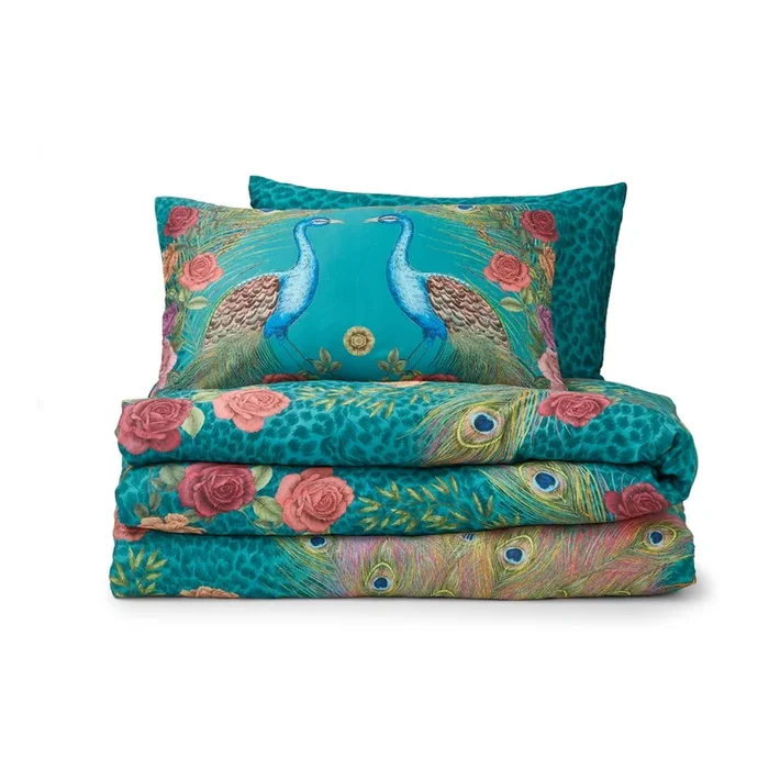 Set copripiumino e federa Xanadu Peacock Per letto matrimoniale, con chiusura con bottoni, di lusso/reversibile, in raso di cotone, con fantasia animale, color foglia di tè, 200×200 cm