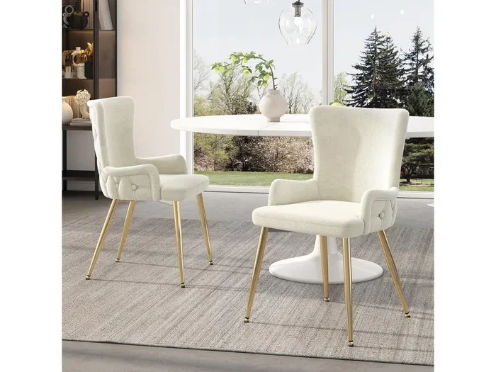 Set di 2 sedie da cucina con braccioli, tessuto in velluto, gambe in metallo dorato, beige