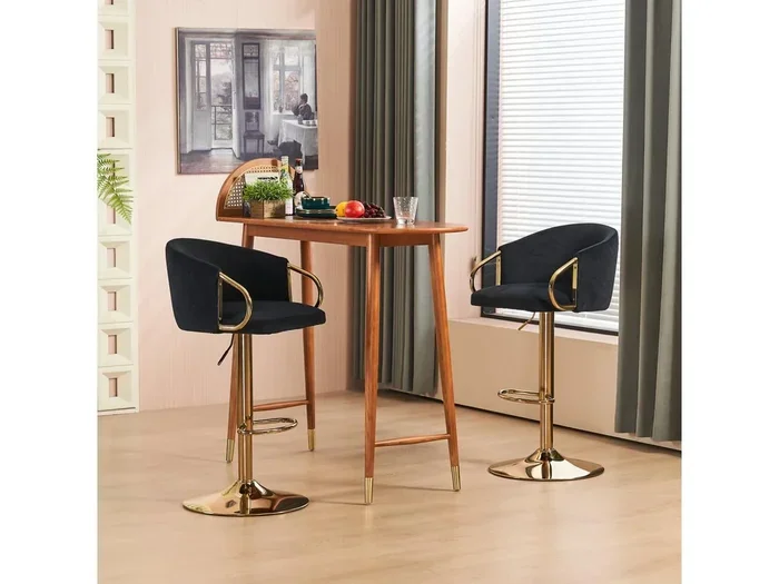 Set di 2 sgabelli da bar, sgabello girevole, regolabile in altezza, elevatore con schienale centrale e poggiapiedi oro, nero