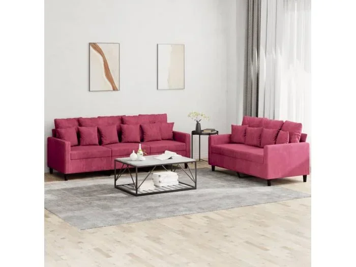 Set di Divani 2 pz con Cuscini Rosso Vino in Velluto