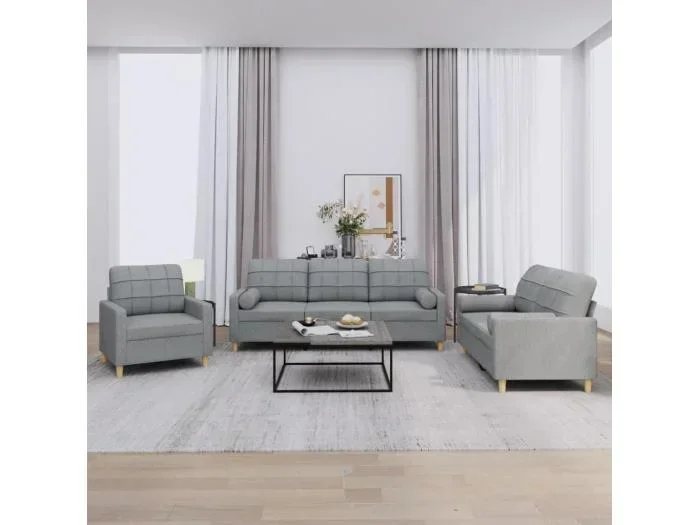 Set Divani 3 pz con Cuscini Grigio Chiaro in Tessuto