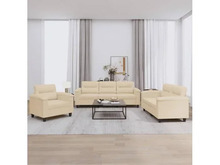 Set divano 3 pezzi con cuscini color crema in tessuto microfibra