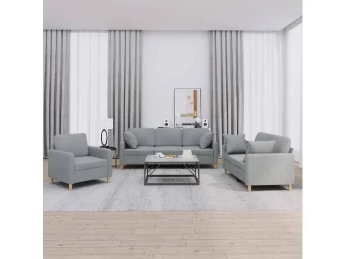 Set divano 3 pezzi cuscini tessuto grigio chiaro
