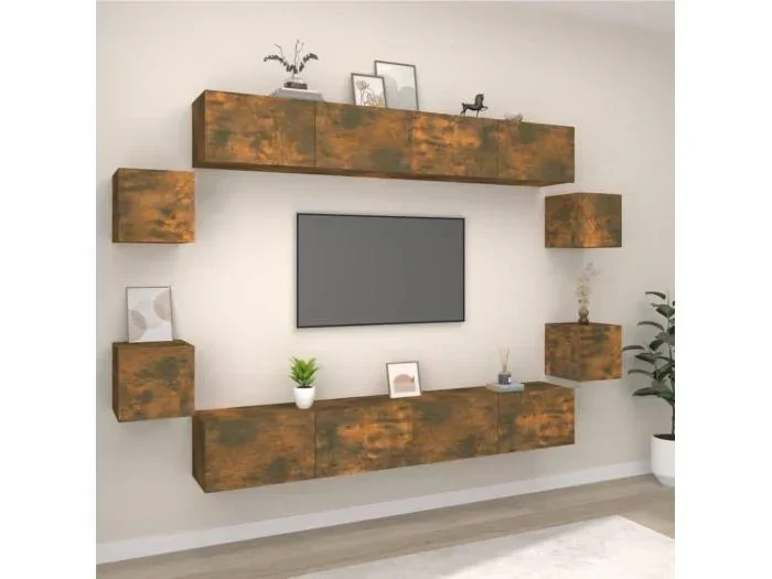 Set Mobili Porta TV 8pz Rovere Fumo in Legno Multistrato