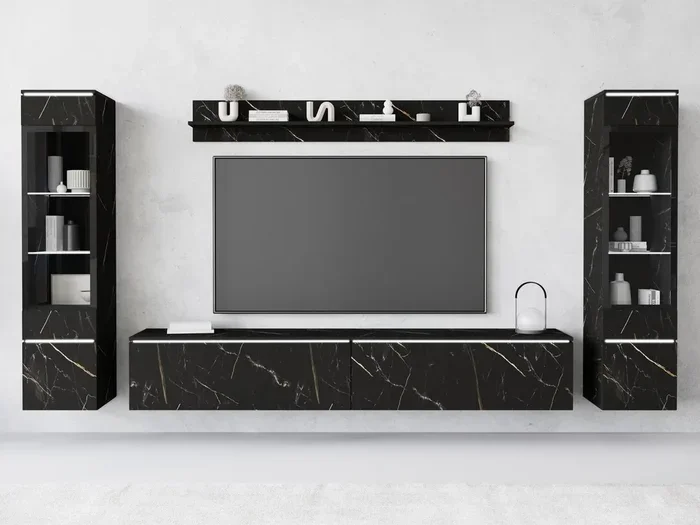 Set mobili soggiorno Sarasota 126, Marmo nero, Con singole parti|Con mobile porta TV,