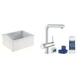 Set rubinetto da cucina con filtro Grohe Blue 31455001, lavello in acciaio Grohe K700 31726SD0