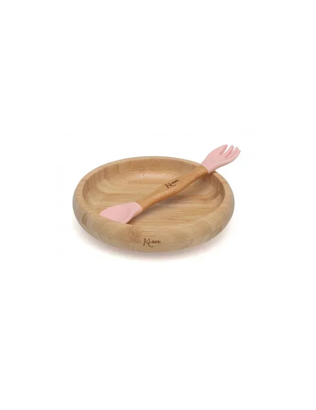 Set stoviglie in silicone e bambù rosa con cucchiaio e forchetta