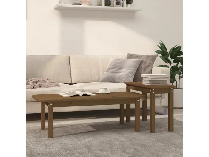 Set Tavolini da Salotto 2 pz Miele in Legno Massello di Pino