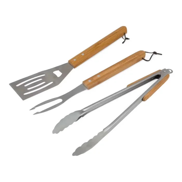 Set utensili barbecue 3 pezzi bamboo manici legno spatola pinza forchettone con laccio per appenderli