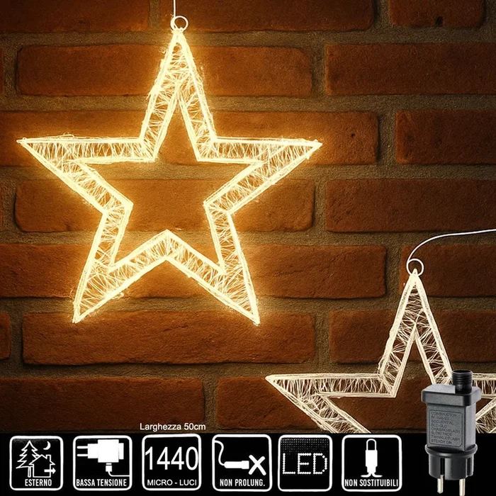 Stella Luminosa di Natale 3D in Metallo con 1440 LED luce calda Larghezza 50 cm