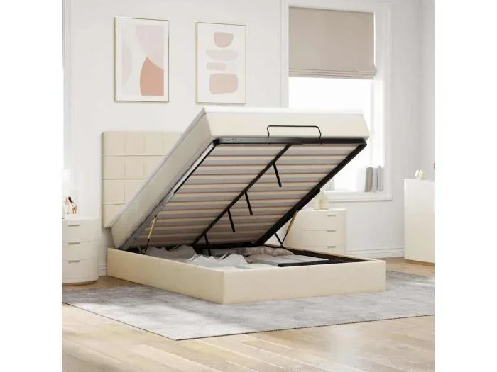 Struttura Letto Pouf con Materasso Crema 140×200 cm in Tessuto
