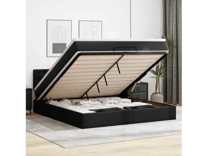 Struttura Letto Pouf con Materasso Nero 160×200 cm Similpelle