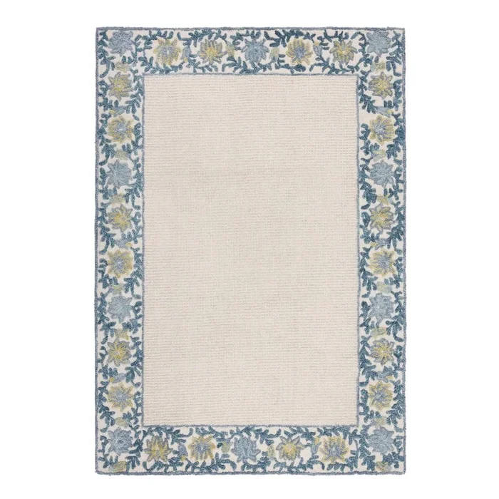 Tappeto Myla Floral Frame Tessuto a mano, in misto lana, a pelo basso, blu/avorio, 160×230 cm