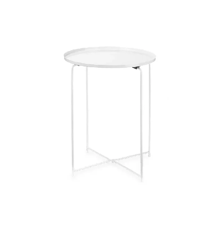 Tavolino con Vassoio Tondo da Salotto Metallo Moderno 35×35 H 50.5 cm Bianco