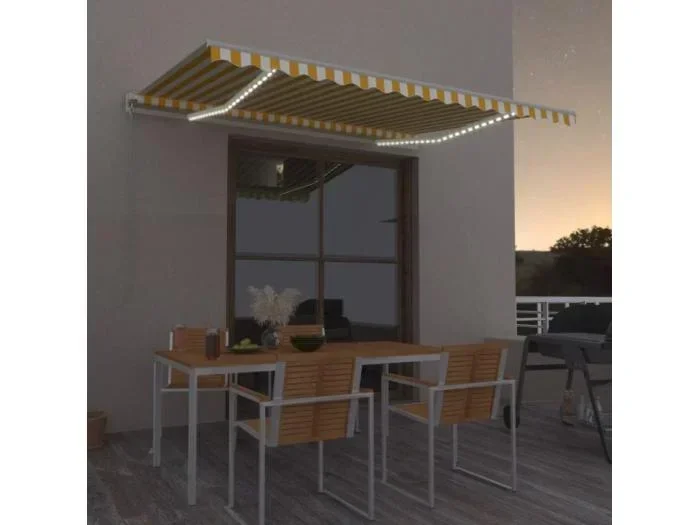 Tenda da Sole Retrattile Manuale e LED 400x300cm Gialla Bianca