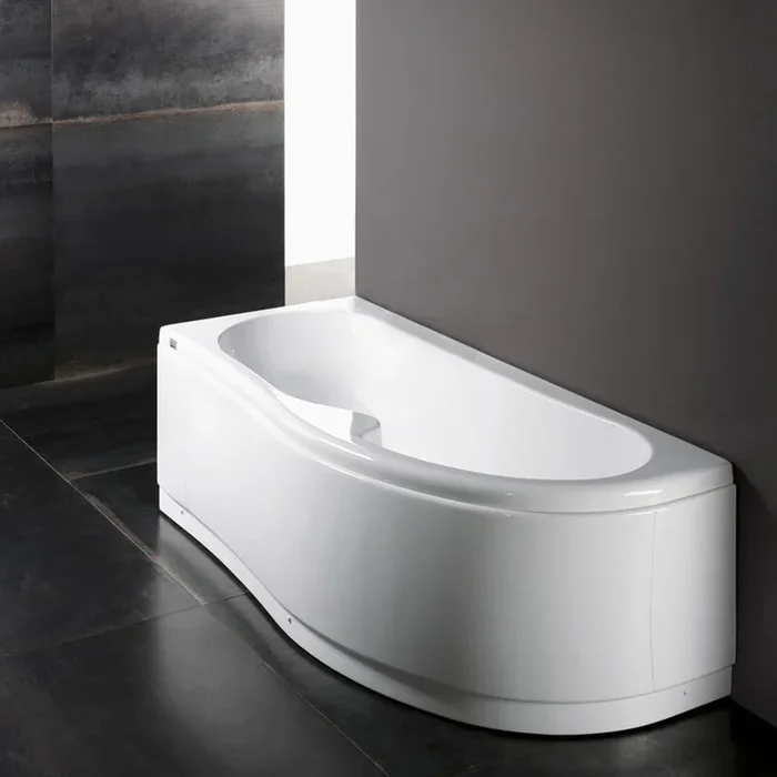 Vasca da bagno asimmetrica in acrilico bianco con telaio e pannelli 150×100 cm