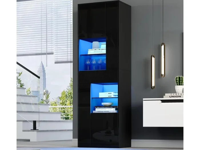Vetrina alto splendore 55x38x170 cm – 1 cassetto e 4 ante – con illuminazione LED – Nero