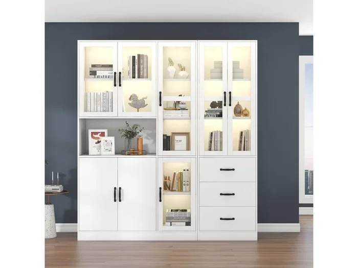 Vetrina combinata moderna con 8 ante e 3 cassetti – LED – Legno MDF – laccata bianca – 180 x 40 x 200 cm
